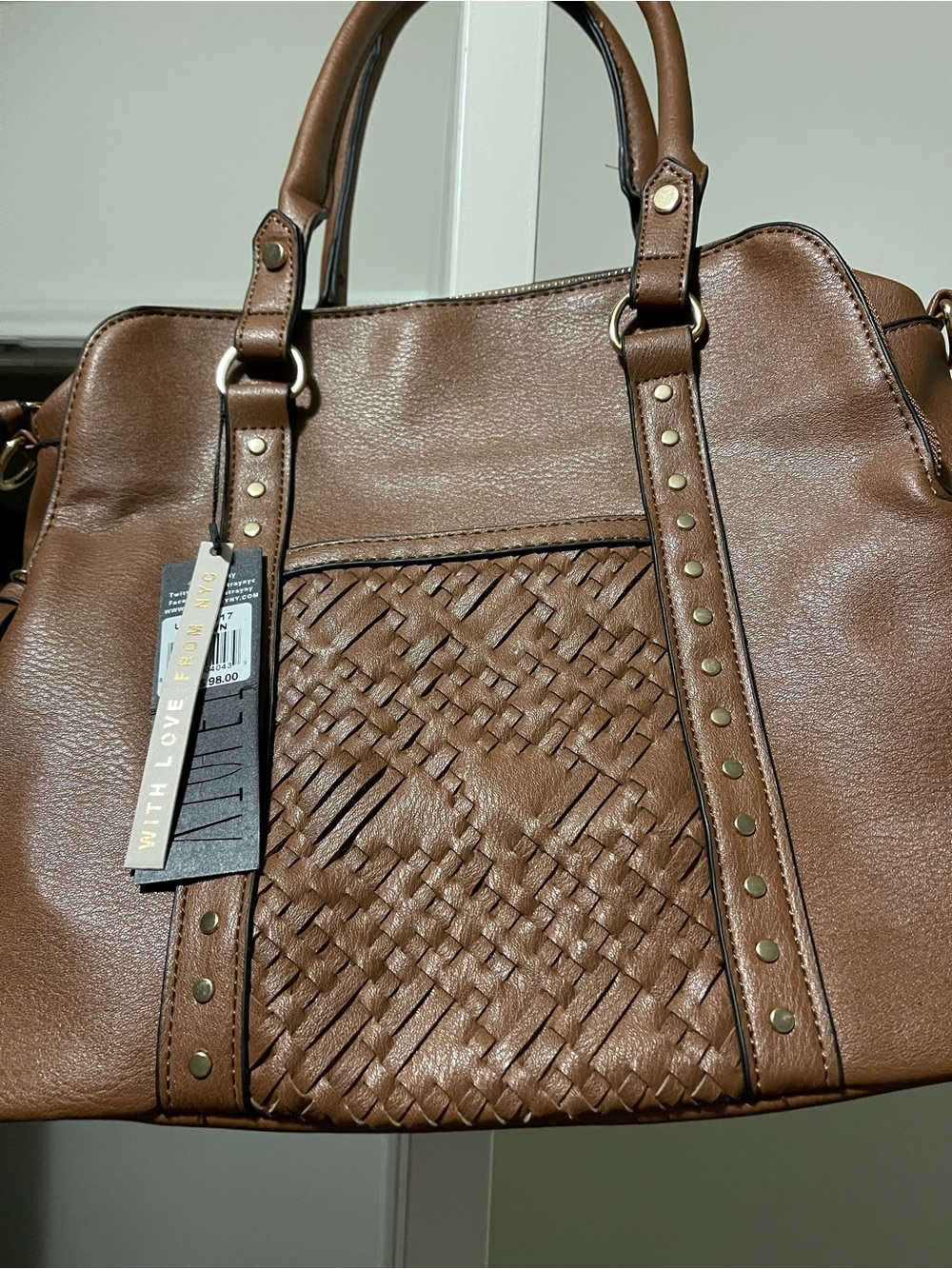 NWT Violet Ray Logan Cognac Woven Satchel Crossbody Bag $98